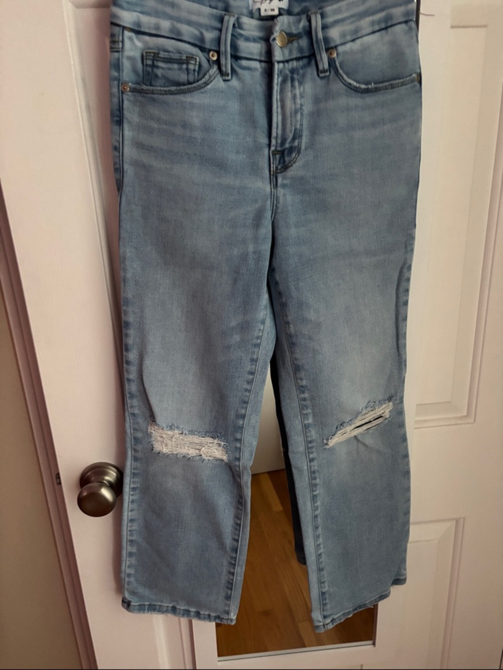 Good American Light Blue Petite Jolean Women's Distressed Straight Jeans